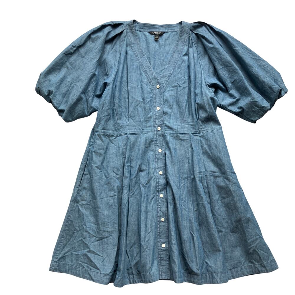 Ralph Lauren Puff Sleeve Cotton Chambray Mini Dress Size 16 Blue